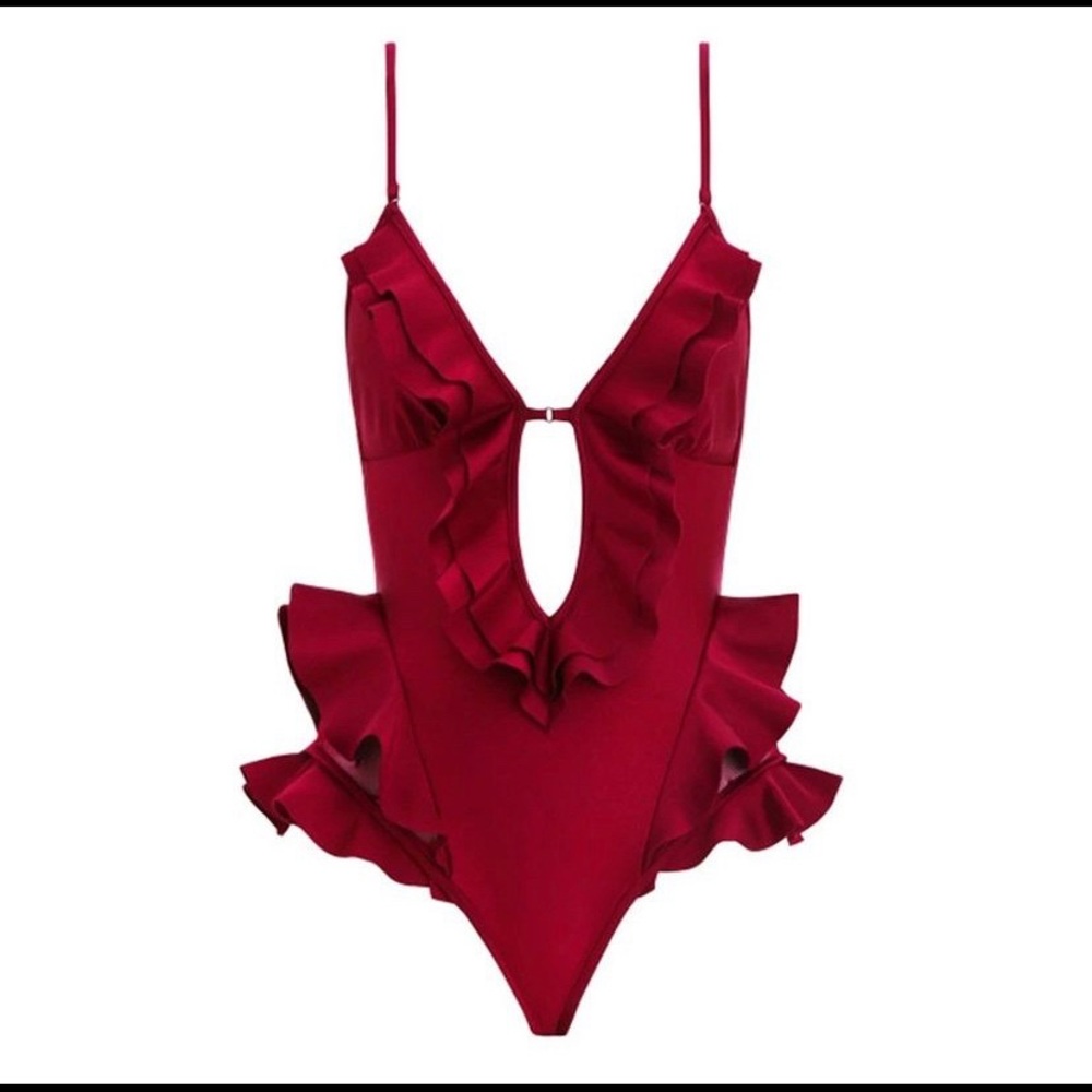 Red flounce one piece swim